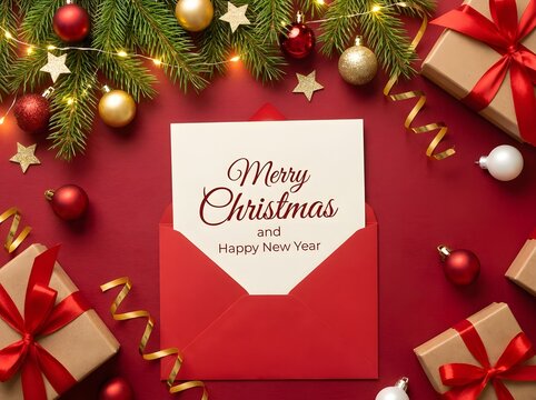 Red christmas greeting card envelope with white text reading merry christmas in festive holiday setting