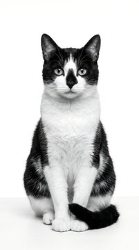 Black and White Cat Sitting on a White Background
