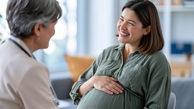Smiling pregnant woman receiving important prenatal care consultation from female doctor, discussing future baby health and maternity well being during checkup appointment