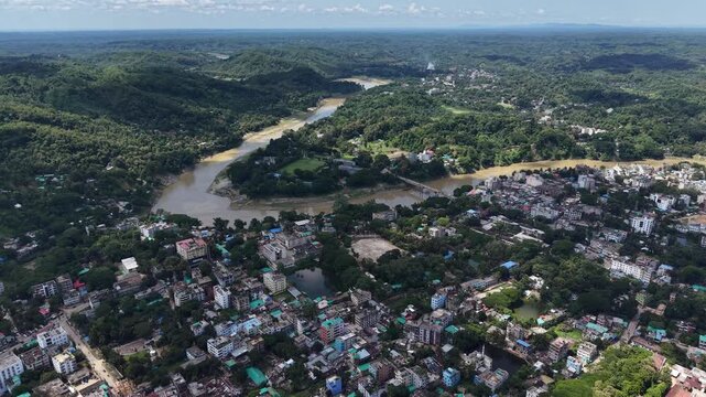 Aerial view of Bandarban town and Sangu River, Bangladesh.