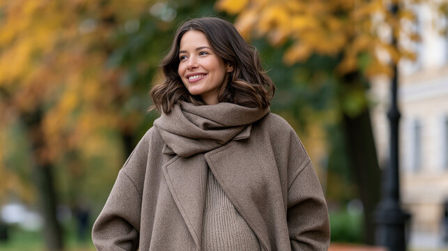 Elegant young woman smiling, enjoying a refreshing autumn walk in a park, feeling happy and content while wearing a stylish warm coat and scarf