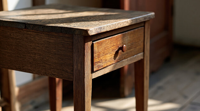 Vintage wooden nightstand featuring a single drawer with a knob, its aged surface and wood grain illuminated by natural sunlight, creating a warm and inviting atmosphere