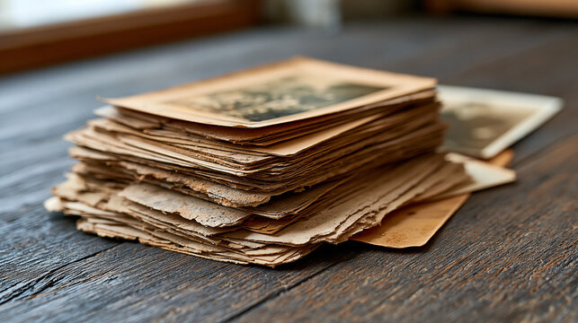 Stack of old vintage sepia toned photographs on rustic wooden table, representing history, nostalgia, memories, and forgotten moments from the past