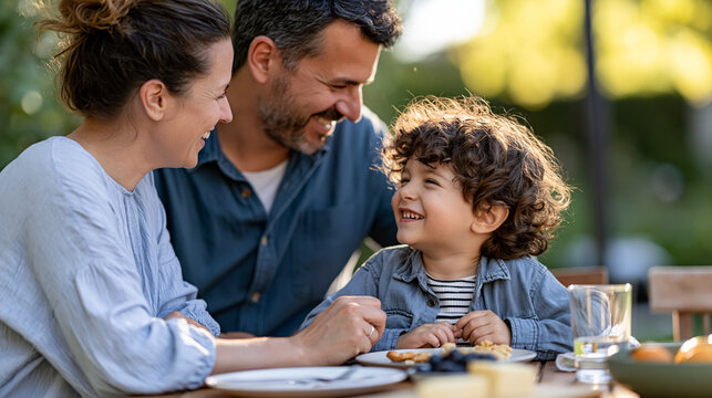 Young family with son enjoying cheerful outdoor breakfast in garden, parents looking at child and smiling with sincere happiness and love, spending quality time together