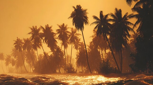 coastline during a dramatic golden sunset, palm trees silhouetted against glowing clouds, waves gently rolling across reflective wet sand, cinematic travel photography, atmospheric tropical
