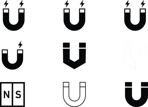 Horseshoe magnet icons set featuring magnetic field lightning symbols north south poles and physics education vector graphics