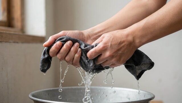 Hands wringing out a wet dark gray cloth over a metal basin