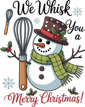 Cute Snowman Baking Christmas Illustration with Whisk and Holiday Greeting
