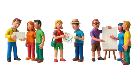 Fototapeta premium Colorful clay figures engaging in collaborative activities and discussions in a creative environment