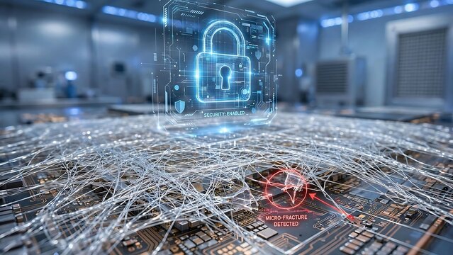 Digital padlock protection and an active shield mesh secure a quantum security chip, while a micro-fracture vulnerability is detected.