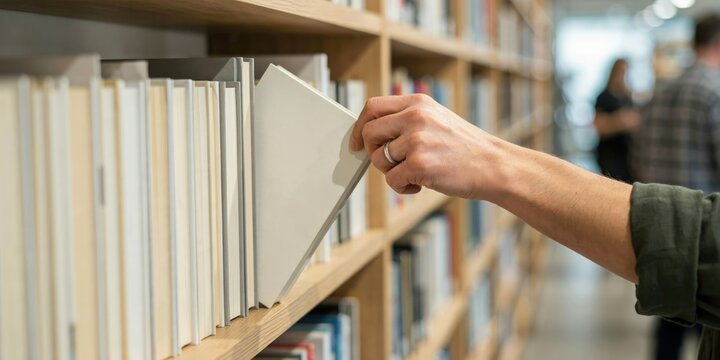 Hand pulling a white book from a wooden library shelf