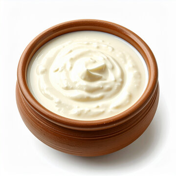 Authentic Nepalese Juju Dhau, rich creamy king curd in traditional handmade clay pot, smooth thick yogurt, isolated on white background, appetizing food.