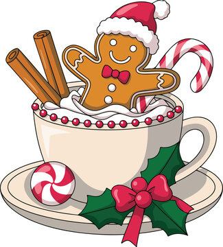 Cute Merry Christmas Hot Cocoa Mug Illustration with Gingerbread Cookies and Gifts
