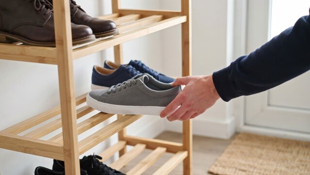 Person placing a grey sneaker onto a wooden shoe rack shelf