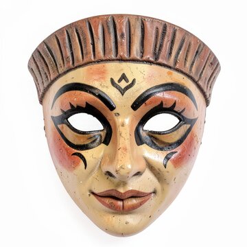 Classic roman carnival mask with bold eye shapes, earth tones, commedia dell'arte inspired, isolated on white background