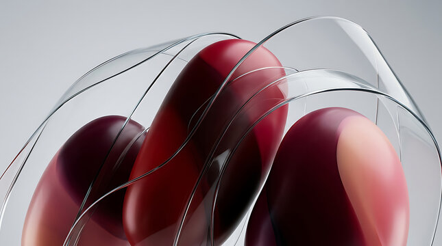 Abstract macro view of rounded pill shapes enclosed in transparent glass capsules with abstract medical pharmaceutical design rounded containers