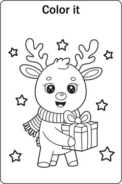Kawaii Reindeer Holiday Coloring Book Page with Christmas Present and Snow Decorations