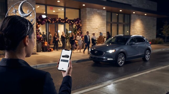 Woman uses a smartphone to summon a modern car in front of a busy hotel entrance at night, illustrating convenience and technology.