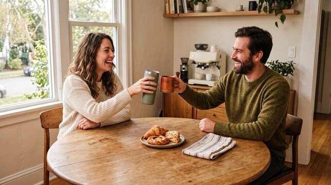 New friends share coffee with their matched mugs