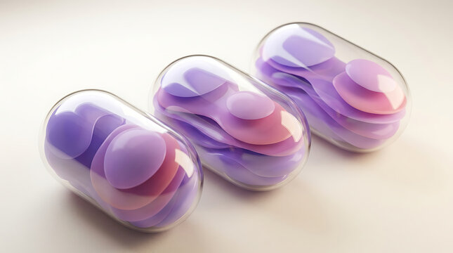 Three purple and pink pill shapes inside transparent glass rounded cases with purple capsules pink medicine pharmaceutical design rounded shell