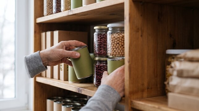 Hands stock pantry shelves with holiday staples