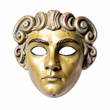 Ancient greek carnival mask with classical curls and expressionless face on white background, cutout eyes, theatre, tradition
