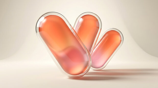 Three orange pill shapes encased in transparent glass rounded containers on white surface with orange capsules pharmaceutical design bio tech
