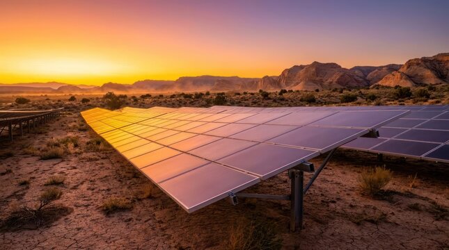 Solar panels in a desert landscape at sunset with mountains in the background