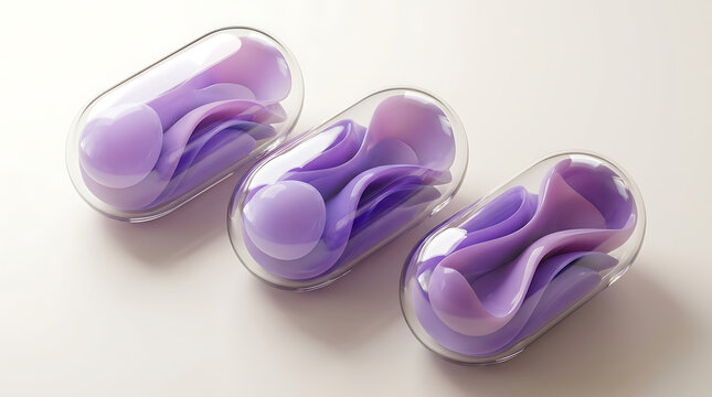 Three purple gel laundry detergent pods with a clear outer shell on a white background laundry pod cleaning product gel capsule laundry soap