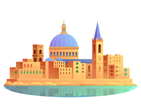 Cartoon vector illustration of Valletta, Malta, viewed from the waterfront with historic buildings, harbor architecture and the Mediterranean coastline