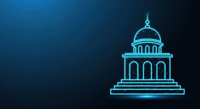 Glowing NeoClassical Government Building Icon with Dome and Steps on Digital Background