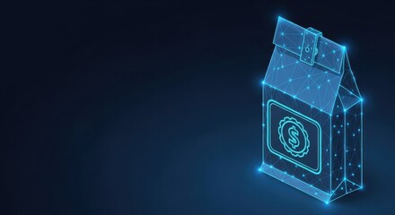 Obraz premium Digital Money Bag Icon with Glowing Blue Wireframe and Dollar Symbol, Representing Finance and Commerce