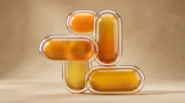 Abstract composition of golden orange gel capsules arranged in a cluster with gel capsule oil capsule golden yellow health supplement wellness