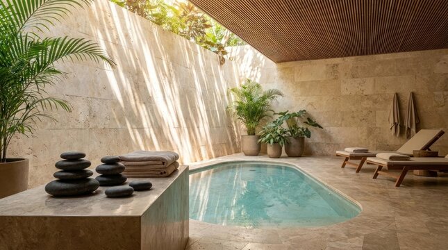Tranquil spa area with a small pool and lounge chairs bathed in sunlight