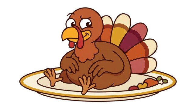 Cartoon turkey on a plate with thanksgiving dinner illustration for holiday