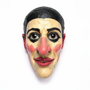 Papiermch zanni mask with long nose and natural pigments from commedia dell'arte on white background