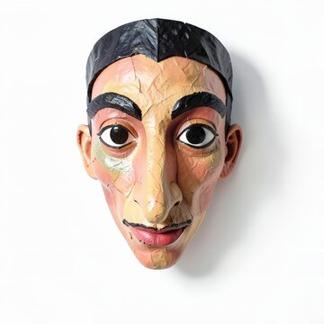Papiermch zanni mask with long nose and natural pigments from commedia dell'arte on white background