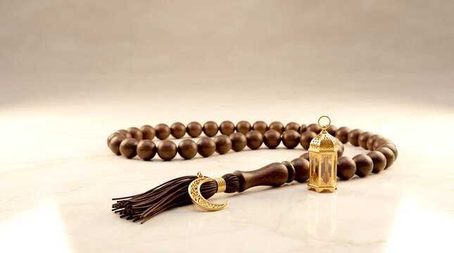 Traditional islamic prayer beads misbaha with golden details displayed