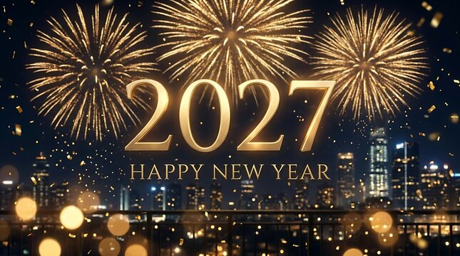 Golden happy new year 2027 text with city skyline fireworks and confetti for festive holiday greetings and event invitations.
