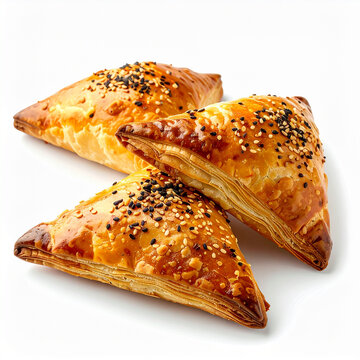 Freshly baked Uzbek samsa pastries, golden flaky layers with savory meat, sprinkled with sesame seeds, white background. Tasty food. Close-up.