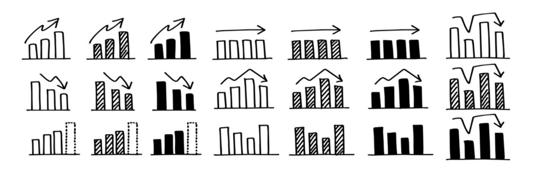 Hand drawn doodle bar graph set showing growth, decline and forecast.