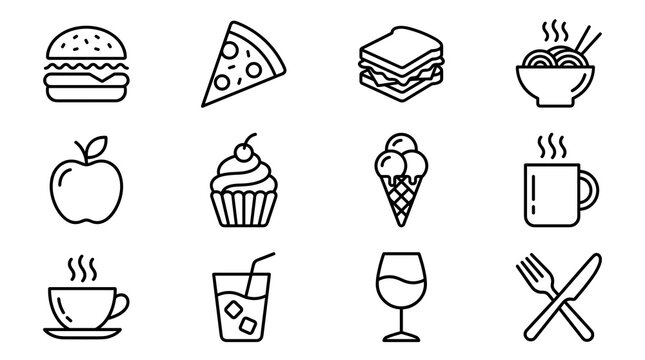 Food and Drink Outline Icons Collection with Burger Pizza Coffee Dessert and Beverage Symbols