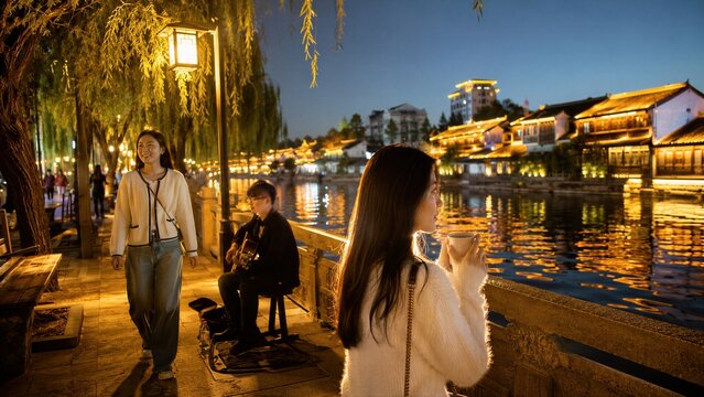 Night scene in a traditional Chinese water town with women and a street musician