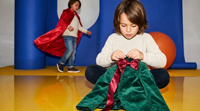 Child personalizes a festive blazer in studio