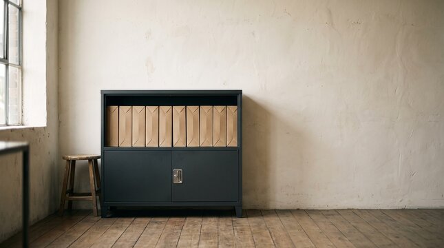 Locked archive cabinet protects client project materials