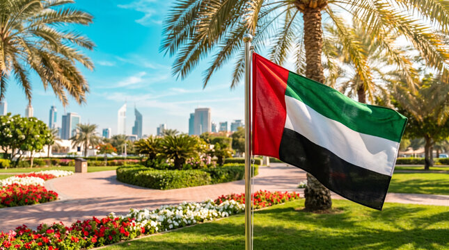 UAE flag in city park surrounded by palm trees and flowers, United Arab Emirates National Day celebration and patriotic outdoor scene