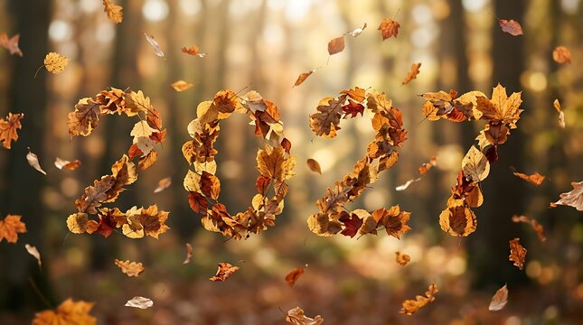 2027 year number made of autumn dry golden leaves flying in forest bokeh background (84 characters)