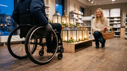 Obraz premium Wheelchair user moves through a Christmas lantern aisle