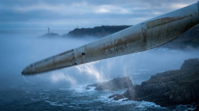 A weathered airplane fuselage rests on a rocky coastline with fog rolling in