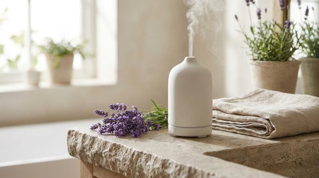 Aromatherapy diffuser with lavender and folded towel on a stone countertop